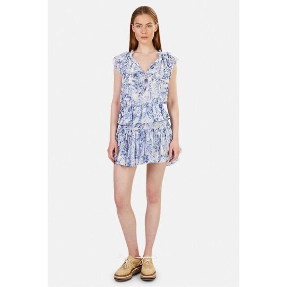 MISA Los Angeles Lilian Mini Dress Peacock size XS Ruffled Short Sleeves White B - Picture 1 of 12